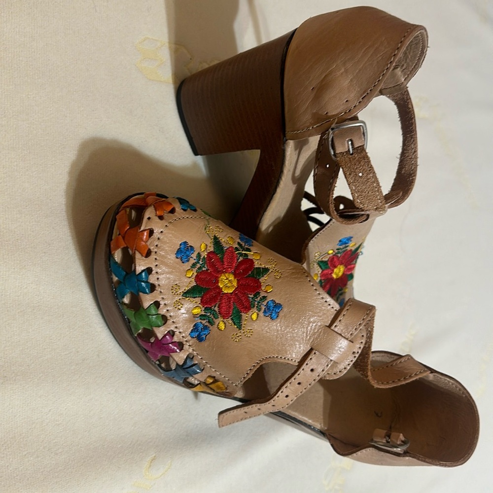 Leather Embroidered Wedges